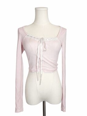 Light Pink Lace-Trim Ribbed Long Sleeve Top